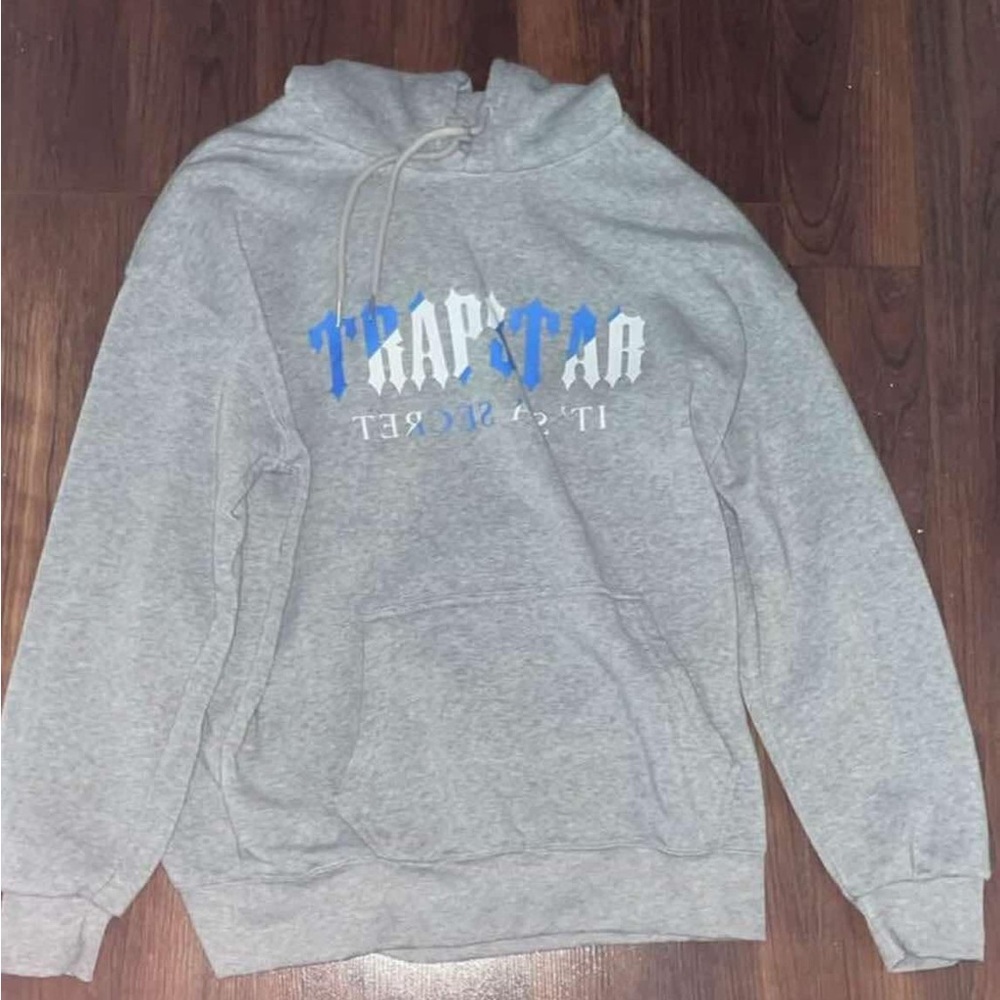 Gray Hoodie with Blue and White Print